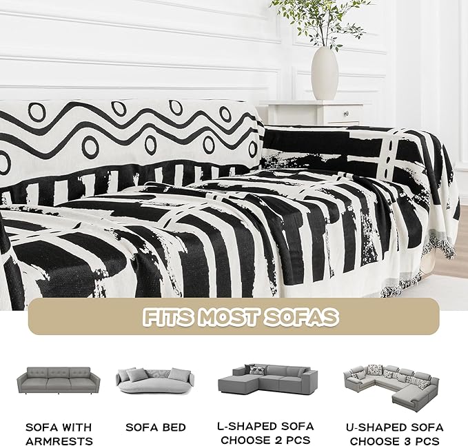 MEETSKY Boho Couch Cover Sofa Covers for Dogs, Couch Cover for Sectional Sofa, Soft Chenille Sofa Slipcover Couch Protector for Pets Protector Furniture Covers, 71" x 118", Black