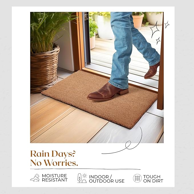 Coir Door Mats 17" X 30", Pack of 1, Non-Slip Sturdy, PVC Backed, Heavy Duty, Easy to Clean, Ideal for Door Entrance, Patio, Porch, Backyard, Garages, Plain Mat