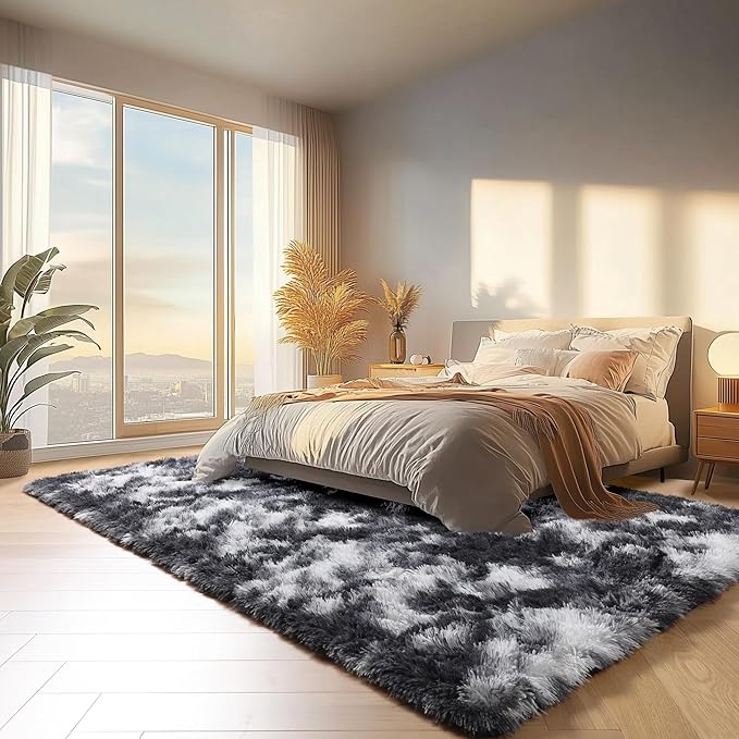 ONASAR Black and White Rugs for Bedroom Living Room, Washable Fluffy 4x6 Indoor Bedside Floor Throw Area Rug, Soft Plush Shaggy Carpet for Nursery Kids Girls Boys Teen Dorm Home Decor Aesthetic