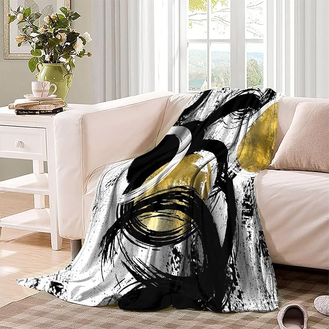 Black White Modern Abstract Fleece Blanket,Gold Ink Geometric Texture Oil Painting Art Soft Blanket 50x60inch(127x152cm) Lightweight Soft Cozy