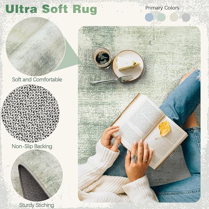 6x9 Area Rugs for Living Room: Washable Rug Modern Abstract Neutral Soft Rugs Non-Slip Low-Pile Indoor Floor Carpet for Bedroom Dining Room Kitchen (Green, 6'x9')