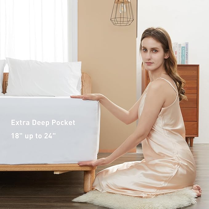 Sunflower Queen Fitted Sheet, 1-Piece Extra Deep Pocket Fitted Bottom Sheet 22", 100% Cotton Sateen Soft Breathable, White
