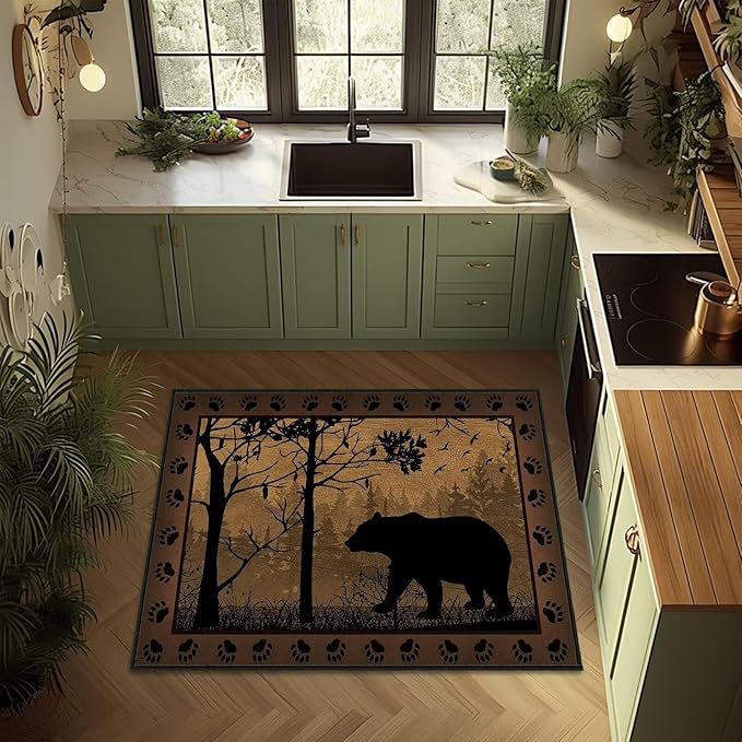 Vintage Entryway Rug 2x3 Washable Kitchen Rug Ulta-Thin Non-Slip Low Pile Indoor Entrance Door Mat,Bear Country Cabin Wildlife Throw Rugs Rustic Small Accent Rugs for Front Door,Bathroom,Bedroom