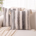 Boho Throw Pillow Covers 18x18 Set of 2 Woven Tufted Farmhouse Pillows Cover with Tassels Textured Striped Cushion Case Neutral Pillow Cases Decorative Pillowcase for Sofa Couch Bed,Gray