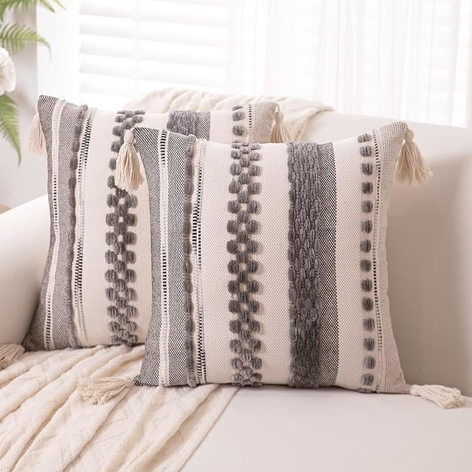 Boho Throw Pillow Covers 18x18 Set of 2 Woven Tufted Farmhouse Pillows Cover with Tassels Textured Striped Cushion Case Neutral Pillow Cases Decorative Pillowcase for Sofa Couch Bed,Gray