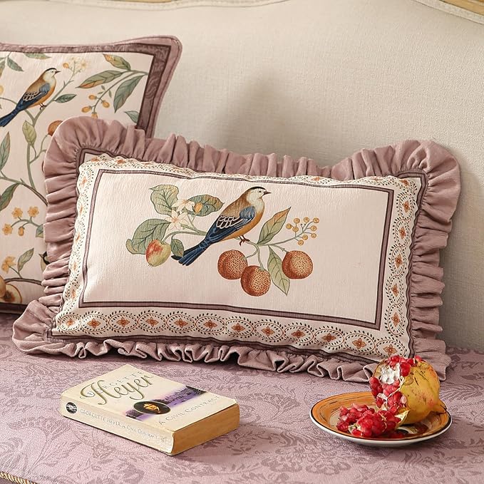 Pink Rectangle Farmhouse Throw Pillow Covers,Birds and Flowers Pattern Cozy Velvet Pillowcases,Decoration Lumbar Pillows Cushion Covers for Couch Sofa Bed Car Chair,12"x20"