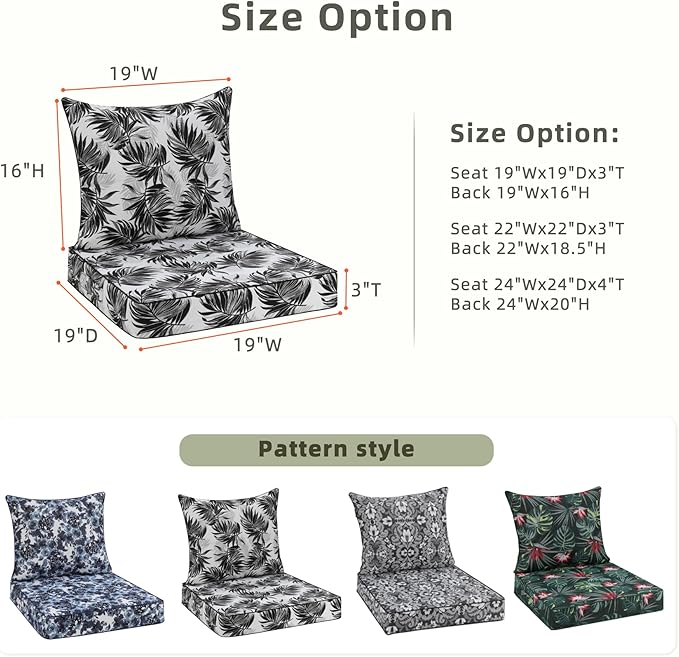 Favoyard Outdoor Seat Cushion 19 x 19 x 3 in Waterproof Pattern Fade Resistant Cover Removable Patio Furniture Cushions Deep Seat & Back Cushion Set with Adjustable Straps for Patio Chair Sofa Couch