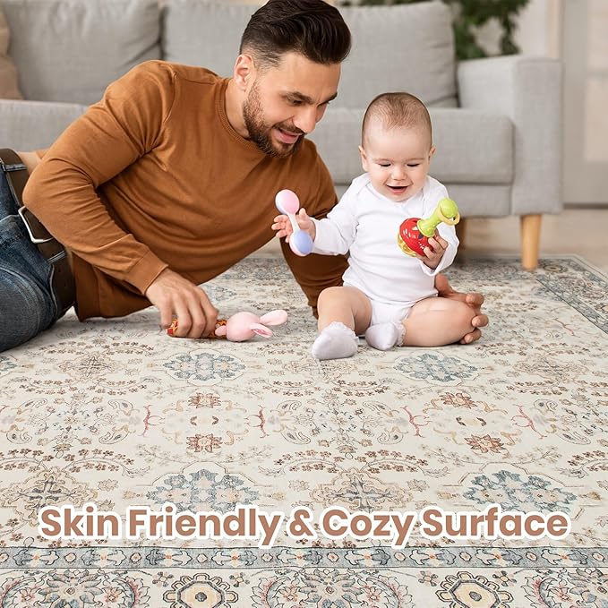 Vintage Living Room Area Rug 5x7 - Large Soft Washable Oriental Traditional Distressed Farmhouse Rugs for Bedroom - Indoor Floor Accent Carpet for Home Office House Decor - Multi