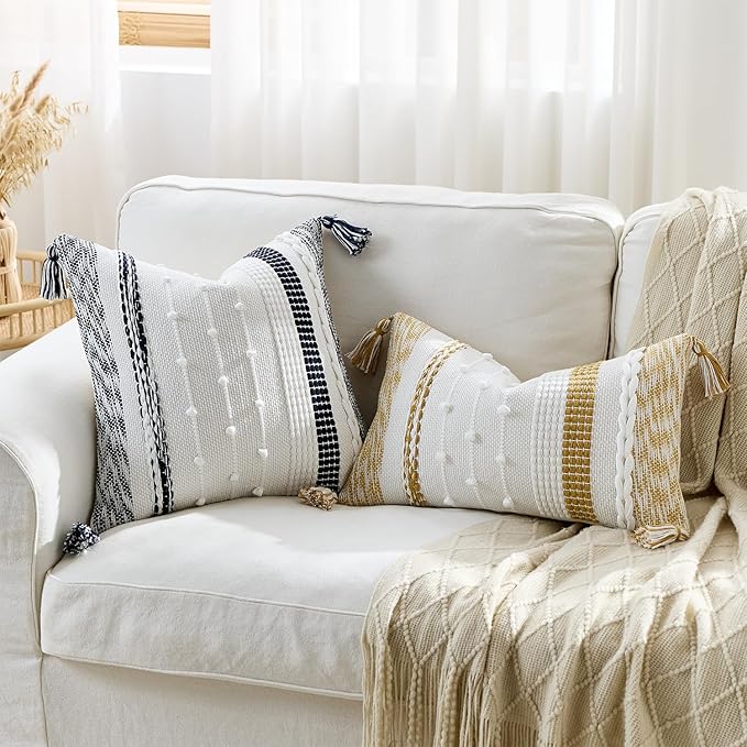 Boho Pillow Cover 18x18 Navy Blue - Handmade Woven Textured Throw Pillow Case with Cordings & Tassels, Decorative Accent for Couch Sofa Farmhouse Living Room Home Decor