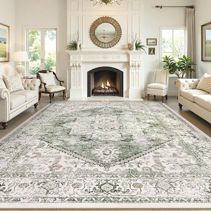 LIVEBOX Green 10x14 Area Rugs, Soft Extra Large Area Rug for Living Room Low Pile Non Slip Boho Rug, Non Shedding Indoor Carpet for Bedroom Dining Room Under Table