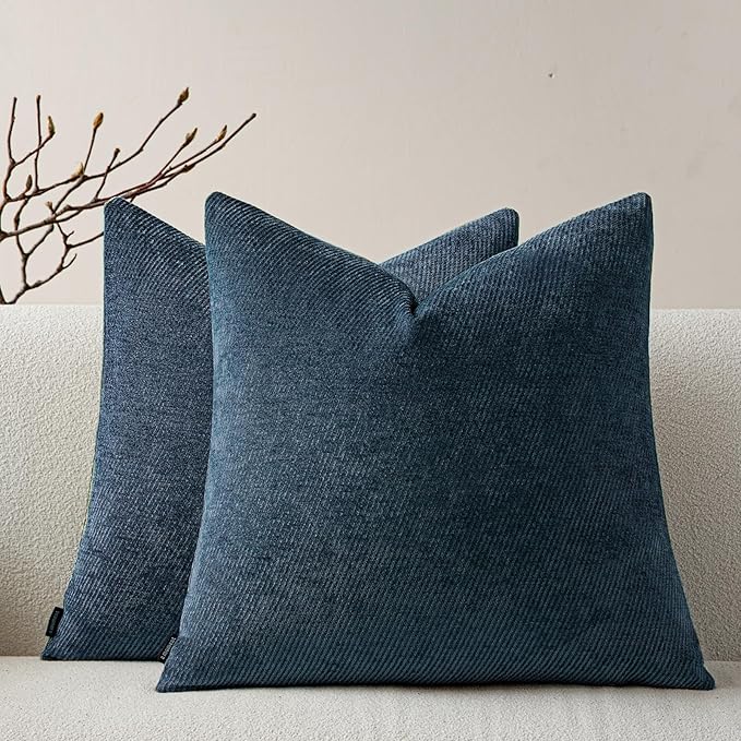 a moment Pack of 2 Decorative Chenille Throw Pillow Covers with Twill Cushion Covers for Sofa Living Room Couch Bed 22x22 Inch Blue