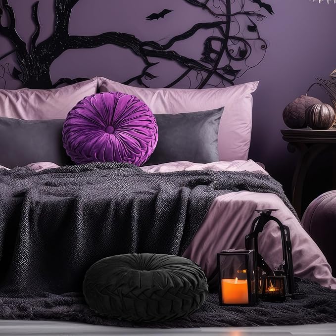 2 Pcs Round Throw Pillows 15 Inch Decorative Velvet Pleated Pumpkin Floor Boho Pillows for Living Room Couch Chair Bed Sofa (Black and Purple)