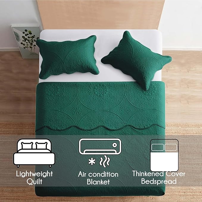 IR Imperial Rooms Twin Quilt Bedding Set Size (68” x 86”) + 1 Pillow Shams (20” x 26” + 2”) - 2 Pcs All Season Lightweight Reversible Microfiber Coverlet Floral Embossed Quilt Bedspread (Emerald)