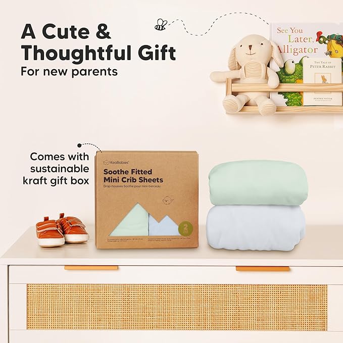 2-Pack Mini Crib Sheets Fitted - 38x26 Pack N Play Sheets for Pack and Play Mattress, Organic Cotton, Soft & Breathable Playard Bedding, Neutral Mini Toddler Bed Cover for Boys, Girls (Cove)