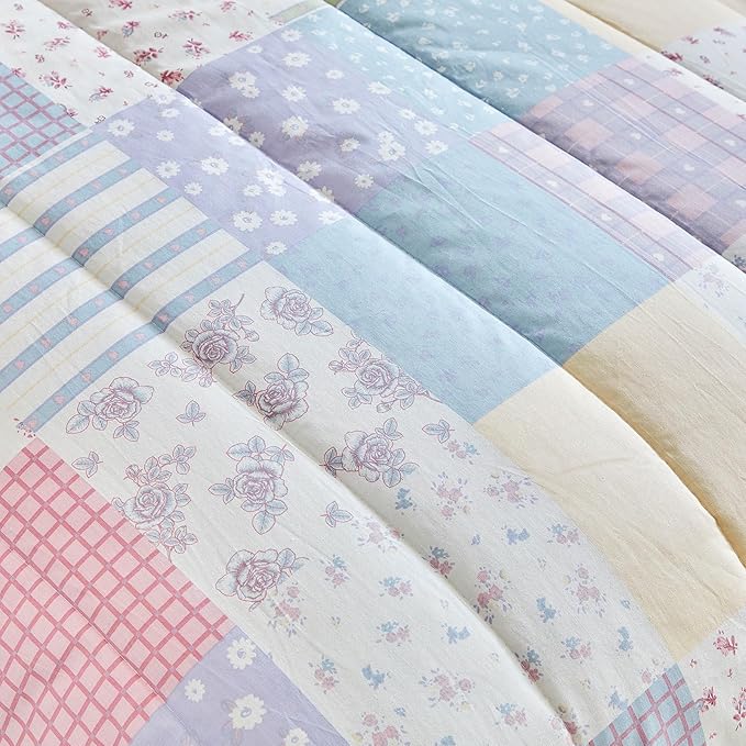 Joyreap 4 Piece Cotton Toddler Bedding Set- Colorful Flowers Patchwork Design, Toddler Comforter Set for Girls, Includes Quilted Comforter, Fitted Sheet, Top Sheet, and Pillow Case