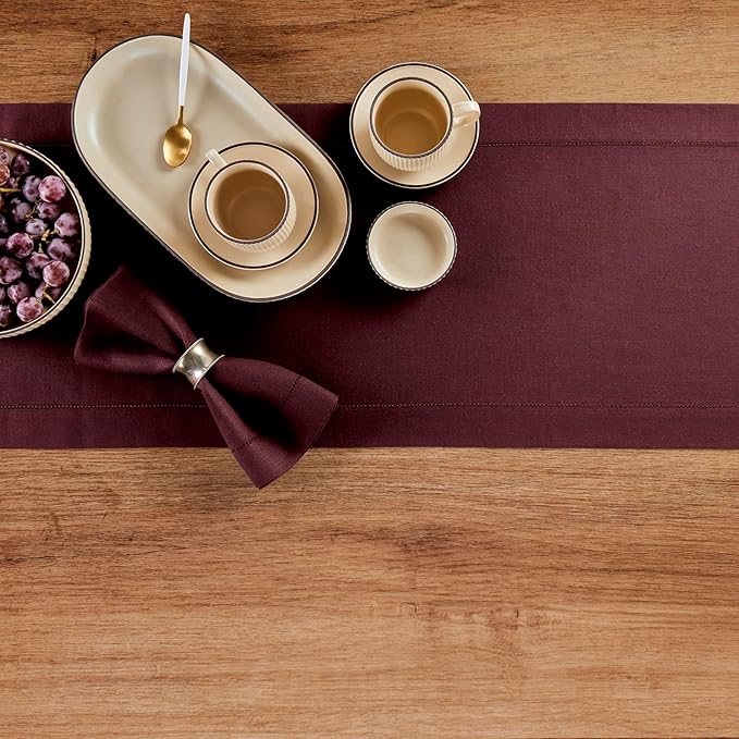 Solino Home Linen Burgundy Table Runner 108 Inches Long - 100% Pure Linen 14 x 108 Inch Table Runner for Christmas, Winter, New Year - Classic Hemstitch