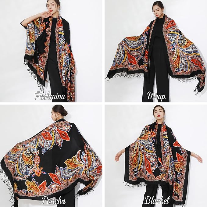 DANA XU 100% Merino Wool Pashmina Shawl for Women 96"x43", Oversized Cashmere Wrap with Tassels, Floral Travel Blanket Cape