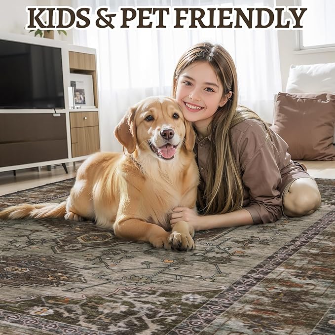 Tangsoo 2.6x10 Washable Hallway Runner Rug, Non Slip Vintage Runner Rug for Hallways, Soft Low Pile Long Rug Runner, Print Distressed Carpet Runners for Kitchen Bedroom Entryway Living Room Grey