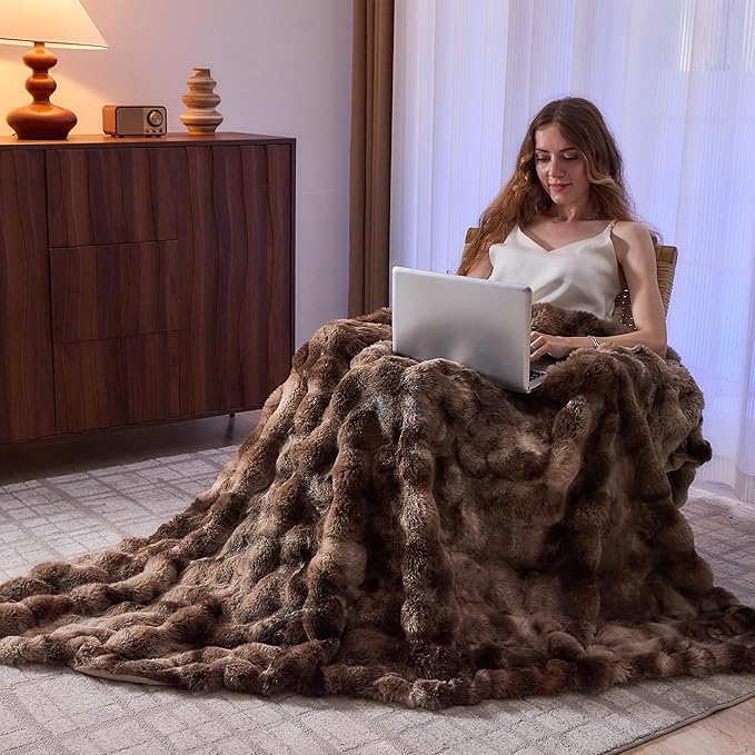 Lotus Karen Faux Fur Throw Blanket Tie-Dye Dark Coffee - Big Bubble Rabbit Fluff Blanket for Couch, Large Fluffy Fuzzy Cozy Blanket,Thick Furry Plush Shaggy Blankets,108x90 Inches