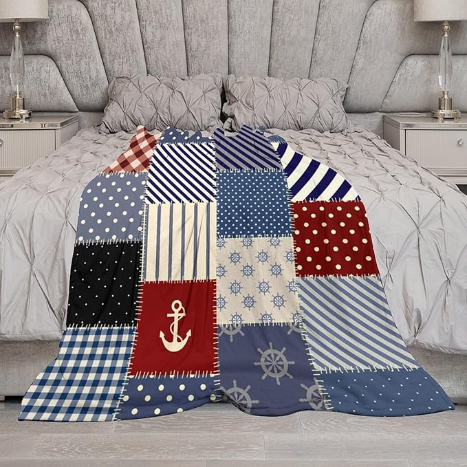 Nautical Blanket Vintage Coastal Rustic Red Blue White Polka Dot Stripe Anchor Patchwork Soft Cozy Lightweight Throw Blanket for Women Men Bedroom Living Room Dorm Chair Sofa Travel 70x80in