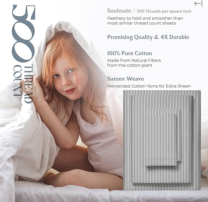 Mayfair Linen 100% Cotton Striped Sheets Split King Size Bed Set - 500 Thread Count Damask Split King Sheets for Adjustable Bed, 5 PC Set (Silver Stripe), Cooling, Sateen 16" Deep Pocket Bedsheet