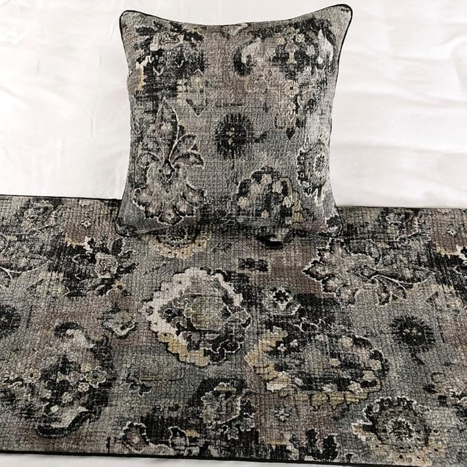 The HomeCentric Luxury Black & Grey Full 68 x 18 inch Bed Runner Without Pillow Cover, Velvet Damask with Tassels Bed Scarf, Abstract Modern - Paved Damask