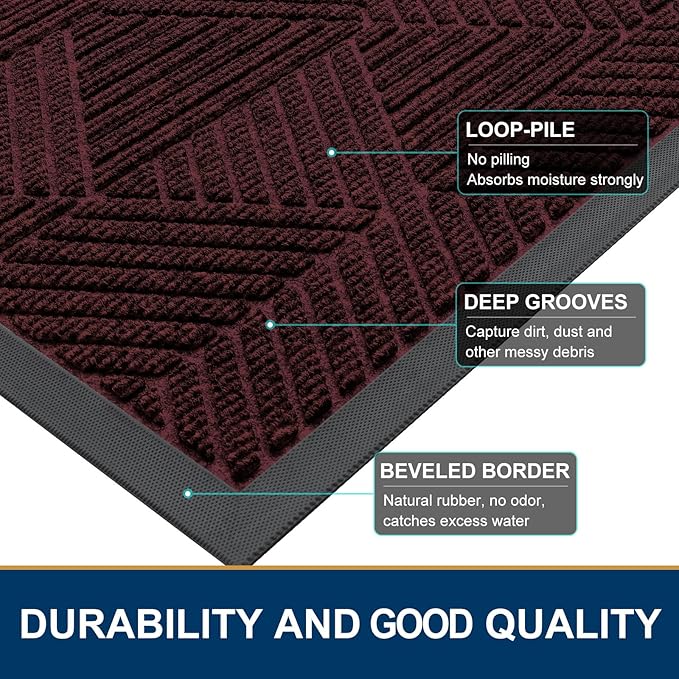 Smiry Front Door Mat Outside Entrance, Heavy Duty Sturdy Natural Rubber Doormat, Trap Dirt and Moisture, Easy Clean Low Profile Mats for Indoor Outdoor Entry, Irregular Triangle (47x24, Dark Red)