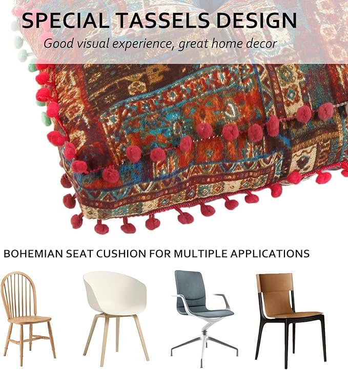 Bohemian Seat Cushion，Indoor & Outdoor 16.5" x 16.5" Seating Cushion for Dinning Chairs, Decorative with Tassels(4Pcs,Blue)