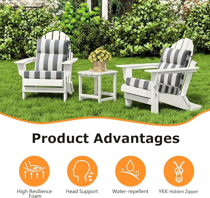 Outdoor High Back Chair Cushion Seat Pads, 44 x 21 Inch Water-Repellent & Fade-Resistant Patio Furniture Cushions with Ties for Adirondack, Rocking Chairs, Gray Stripe