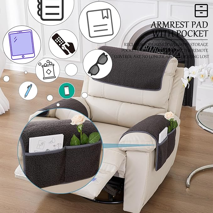 Armrest Cover, Recliner Chair Protector, Furniture Protector Slip, Side Storage Pocket, Stretch Armchair Couch Arm Rest Cover for Recliner, Chair, Sofa (Dark Gray,2 Seater(4pcs))