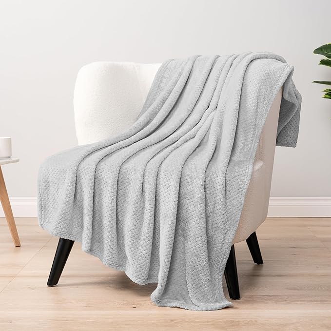 PAVILIA Light Gray Throw Blanket for Couch Bed, Soft Fleece Throws for Sofa Chair, Fuzzy Waffle Textured Blanket, Cozy Warm Lightweight All Season Blanket Throw, 50x60