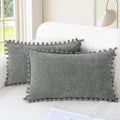 CaliTime Throw Pillow Covers Decorative 20 X 12 Inches Pack of 2 Cozy Solid Dyed Soft Chenille Cushion Cases with Pom Poms for Couch Sofa Bed Living Room Home Medium Grey