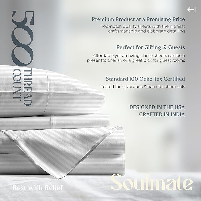 Mayfair Linen 100% Cotton Striped Sheets Split King Size Bed Set - 500 Thread Count Damask Split King Sheets for Adjustable Bed, 5 PC Set (White Stripe), Cooling, Sateen 16" Deep Pocket Bedsheet