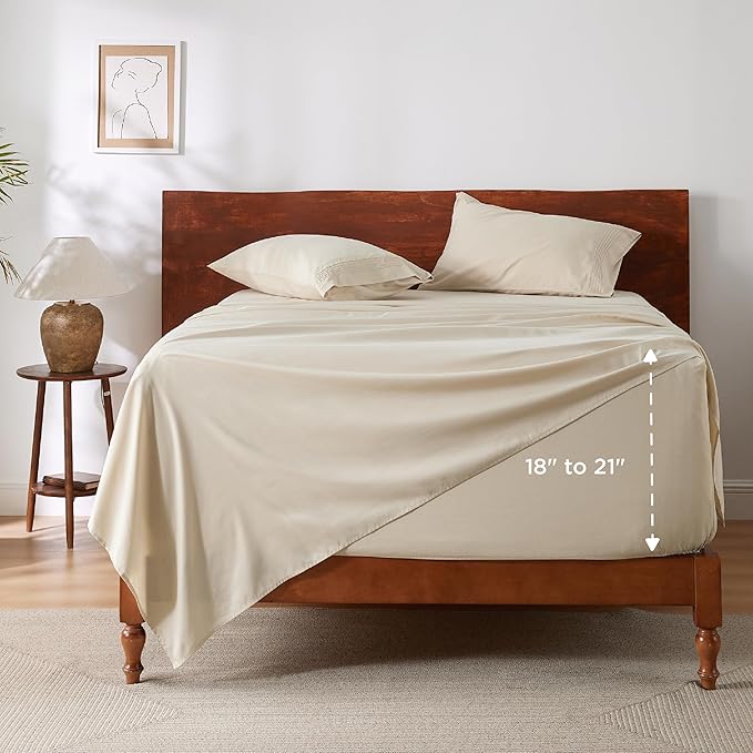 Bedsure Deep Pocket Queen Sheets Set - Fits Mattresses Up to 21 Inches Thick - 4 Piece GentleSoft Bed Sheets, Moisture Wicking, Soft & Cooling Bedsheet & Pillowcases, Easy & Secure Fit, Beige