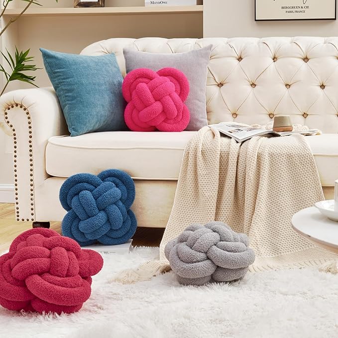 Xiashrk Knot Pillow Ball, 12" Soft Decorative Throw Pillows for Couch Bed, Dark Blue Knotted Plush Throw Pillow Handmade Square Cushion Home Couch Decor Pillows for Living Room