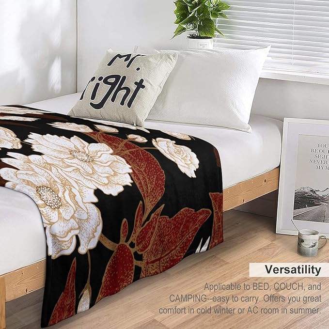 Red Gold Floral Blanket, Boho Dark Flower Leaves Chinese Plum Blossoms Botanical Vintage Throw Blanket for Bed Living Room Bedding Couch Soft Lightweight Warm Cozy Decor, 60"x80"