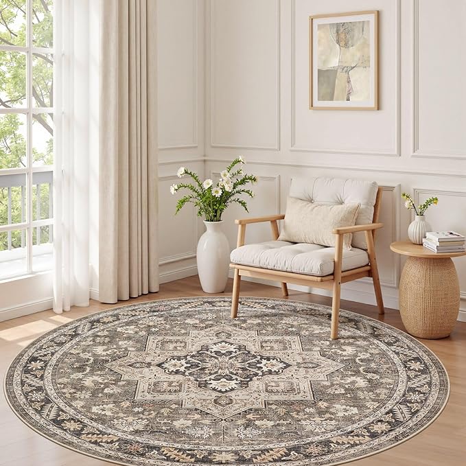 6ft Round Vintage Living Room Area Rug - 6x6 Large Soft Washable Oriental Traditional Distressed Farmhouse Rugs for Bedroom - Indoor Floor Accent Carpet for Home Office House Decor - Brown