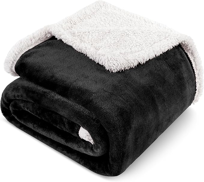 PAVILIA Sherpa Fleece Throw Blanket for Couch, Twin Size, Black, Plush Soft Fuzzy Sofa Blanket, Cozy Reversible Winter Throw for Women Men, 60x80 Inches
