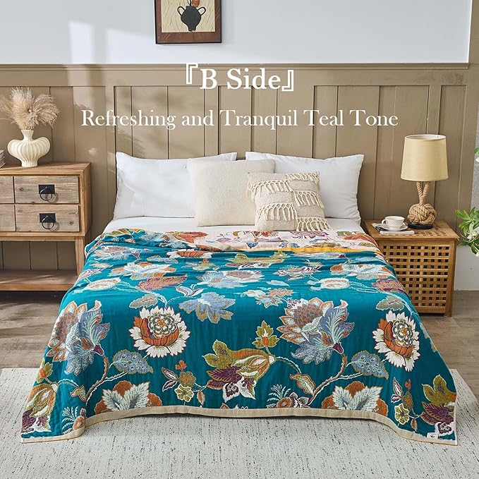 Summer Throw Blanket for Bed, 80"x90" Boho Throw Blankets 100% Cotton Quilts Farmhouse Decoration Warm Soft Blanket Muslin Bed Blankets for Couch Chair