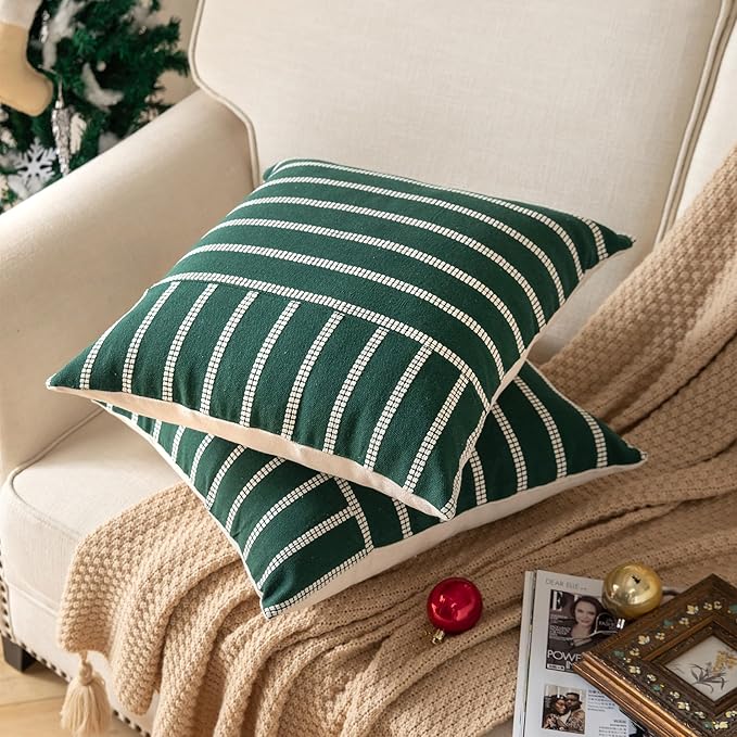 Boho Throw Pillow Covers 20x20 Set of 2 Soft Farmhouse Decorative Couch Pillow Cases Dark Green Striped Pillow Covers Neutral Cushion Covers for Sofa Bed Living Room Home Decor