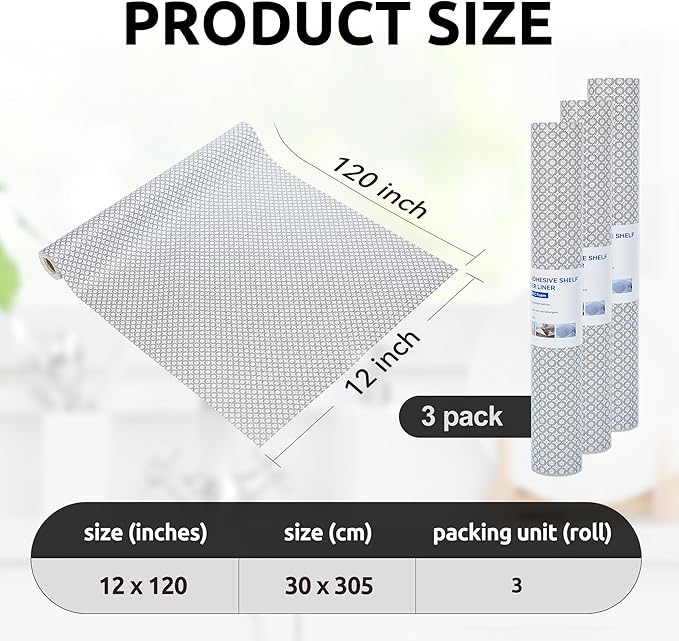 RAY STAR 12X120 Inch Shelf Liner for Kitchen Cabinets, Non-Adhesive Cabinet Liner Washable, PVC Drawer Liner for Dresser Non-Slip Bathroom (Black Circle)(3 Roll)