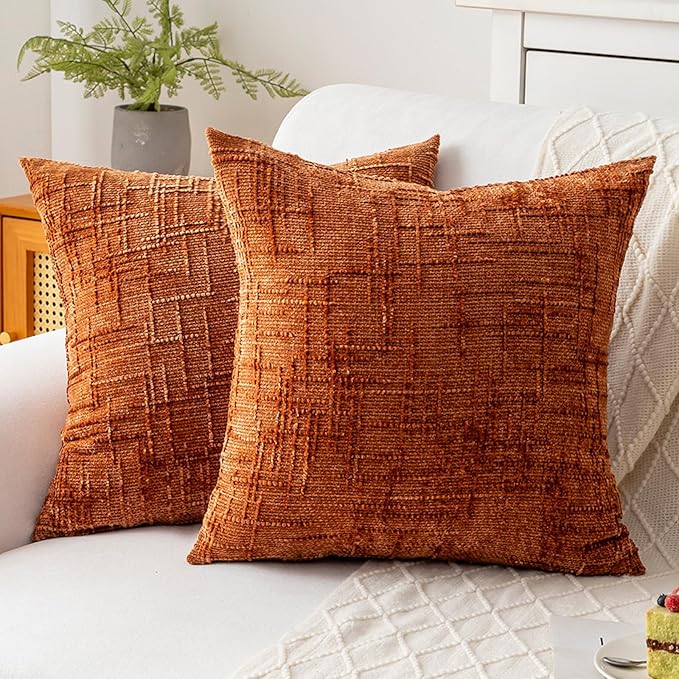 Decorative Throw Pillow Covers 18x18 Inch Set of 2, Soft Solid Farmhouse Chenille Couch Pillows, Spring Pillow Covers for Couch Sofa Bed Living Room Home Decor Pillowcase, Rust