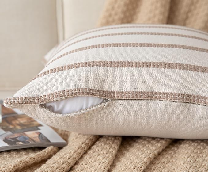 Caflife Boho Throw Pillow Covers 12x20 Set of 2 Soft Farmhouse Decorative Couch Pillow Cases Beige Striped Pillow Covers Neutral Cushion Covers for Sofa Bed Living Room Home Decor