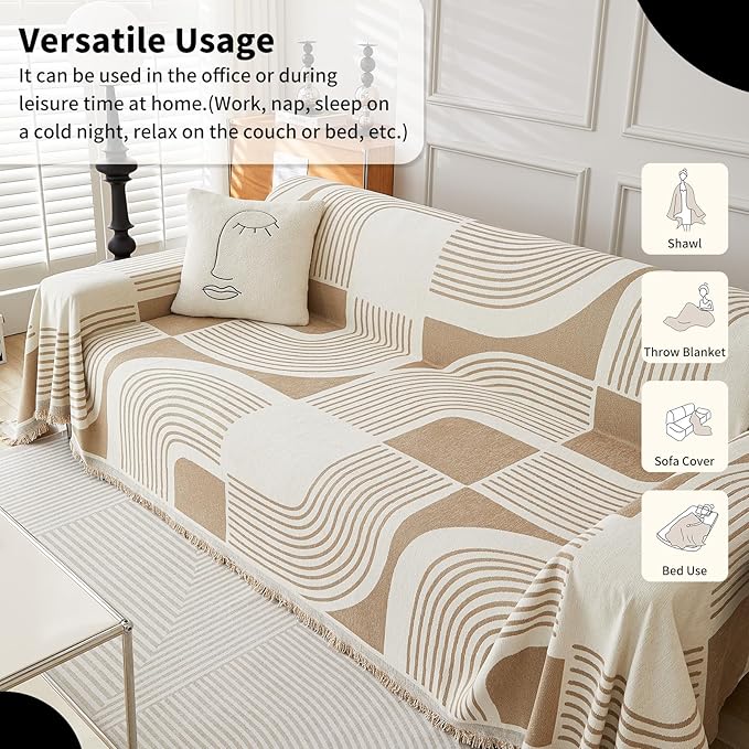 Boho Couch Cover Sofa Covers Washable, Chenille Couch Covers for 3 Cushion Couch Sofa Pet Friendly, Bohemian Sofa Slipcovers for Sectional Sofa, Loveseat, 2 3 4 Seater (71" x 150", Khaki)