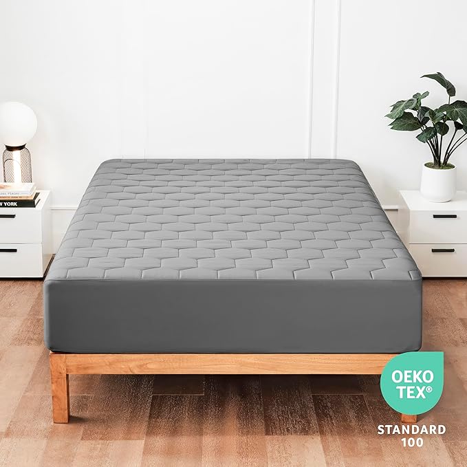 Hearth & Harbor Twin XL Size Quilted Fitted Mattress Pad Cover, 100% Waterproof Mattress Protectors, College Dorm Room Essentials, Deep Pocket Fitted Mattress Cover 8" - 21", Gray