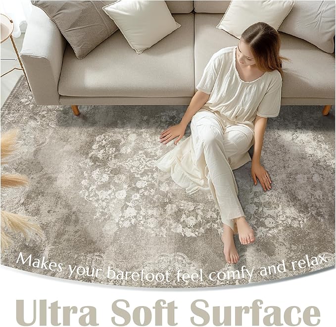jinchan Washable Area Rug 8x10 for Living Room - Soft Faux Wool Ultra-Thin Stain Resistant Non-Slip Distressed Vintage Floral Large Carpet for Bedroom, Dining Room, Home Office, Nursery(Brown, 8'x10')