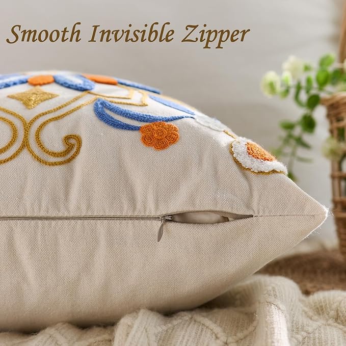 Embroidered Throw Pillow Cover 22x22 Classic Boho Floral Pattern Pillows Cover Outdoor Decorative Pillowcase,Durable Cozy Textured Cushion Case for Sofa Couch Bed Living Room,Orange Blue