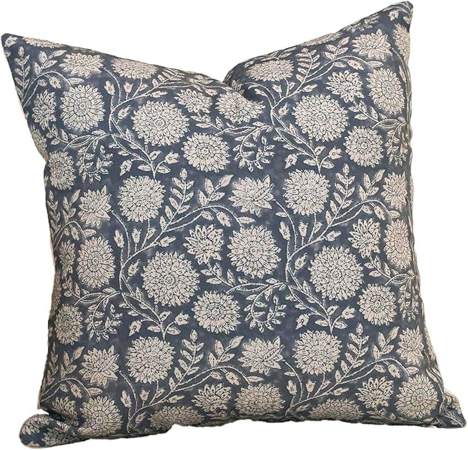 Amor Virisso Floral Pillow Covers 18x18 Throw Pillow Covers Vintage Block Print Pillow Cover Neutral Couch Pillows for Living Room Farmhouse Decorative Accent Sofa Pillows, Dusty Blue