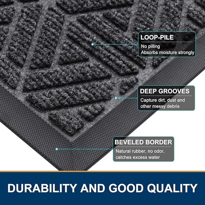 Smiry Front Door Mat Outside Entrance, Heavy Duty Sturdy Natural Rubber Doormat, Trap Dirt and Moisture, Easy Clean Low Profile Mats for Indoor Outdoor Entry, Grid Geometric (59x24, Grey)