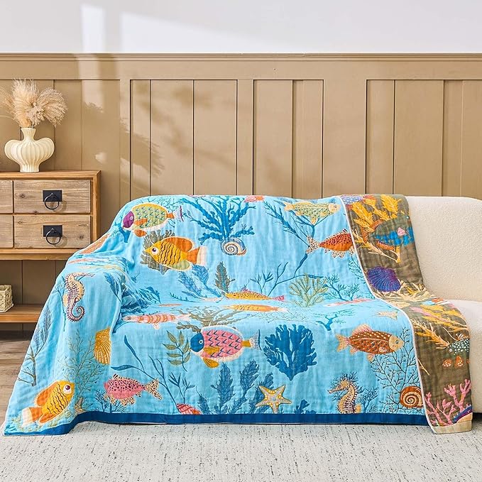 Blue Boho Blanket, 60"x80" Soft Farmhouse Decorative Throw Blanket, 100% Cotton Reversible Vintage Muslin Quilt Bohemian Decor Woven Blanket All Season Blankets for Sofa Couch Chair